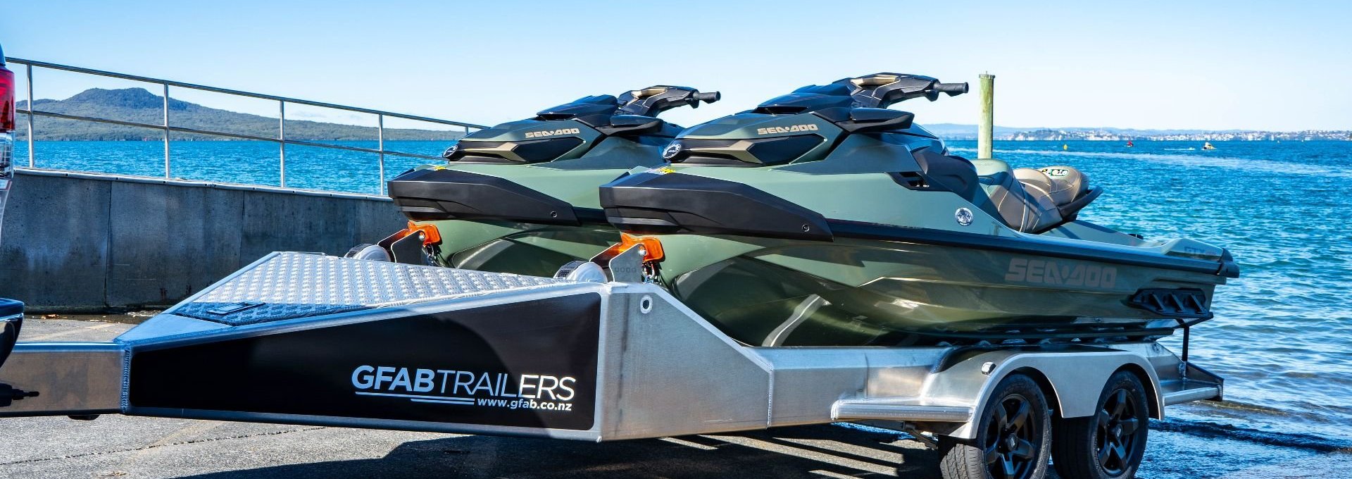GFAB Alloy Double Sportski Trailer with Sea Doo GTX Jet Skis at Takapuna Boat Ramp